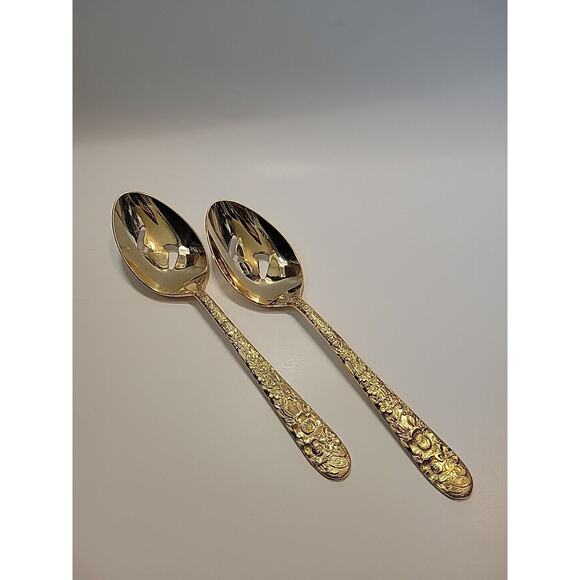 VINERS OF SHEFFIELD VS12 Gold Electroplate Pierced Serving Spoons Set Of 2 - Picture 5 of 8